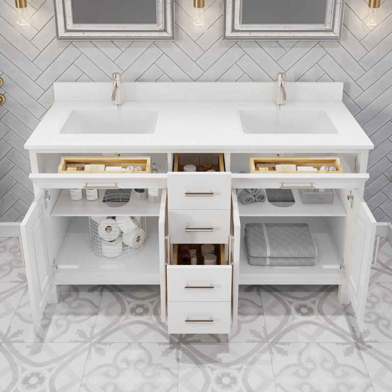 Meuble-lavabo double en bois massif l 60 po x P 22 po Kali II, Blanc, 60"