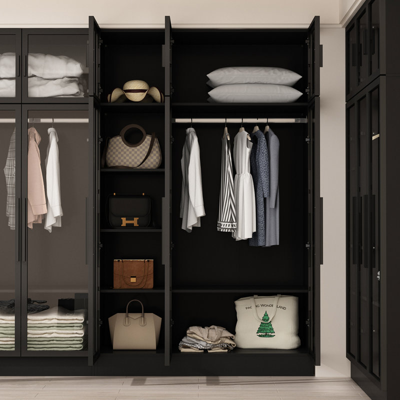 Closet System With Light And 6 Tempered Glass Door, Black