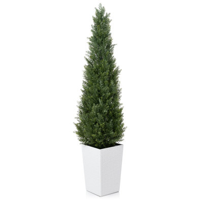 Faux Cedar Topiary Tree 5FT - UV Resistant Fake Cypress Tree with Big Planter and Decorative Plants