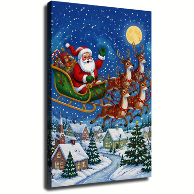 Tableau sur toile représentant le père Noël en traîneau avec des rennes dans un village enneigé sous la pleine lune, décoration de Noël vintage pour salon ou chambre.
