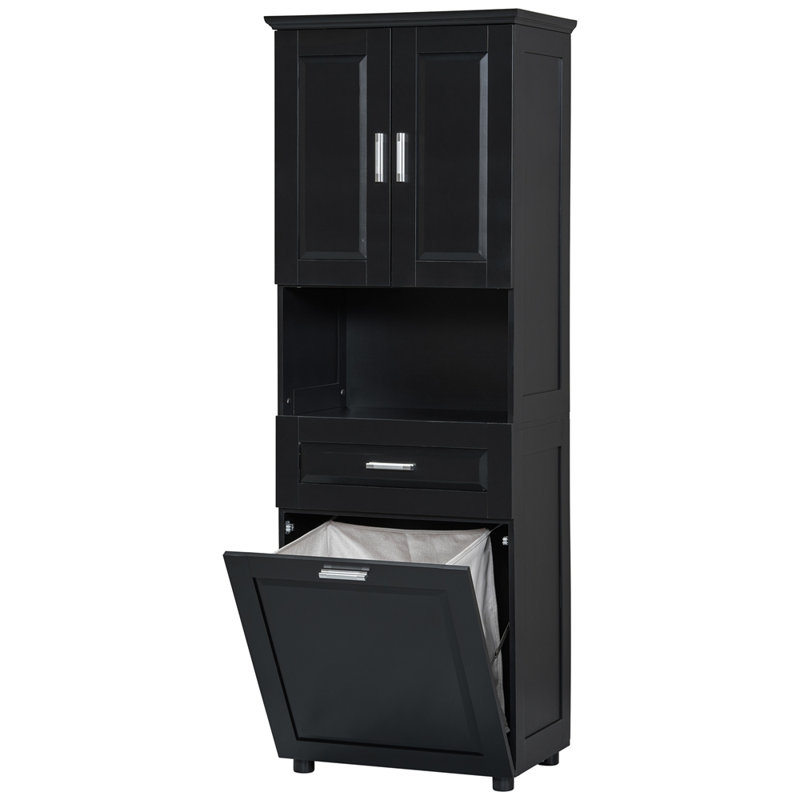Tall Bathroom Cabinet With Laundry Basket, Large Storage Space Tilt-Out Hamper And Upper Cabinet In Black, Black
