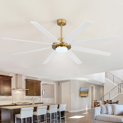 72inch Indoor 8 Solid Wood Double-Sided Blades Ceiling Fan with LED light Remote Remote DC Motor Down-rod Mount, White and Gold