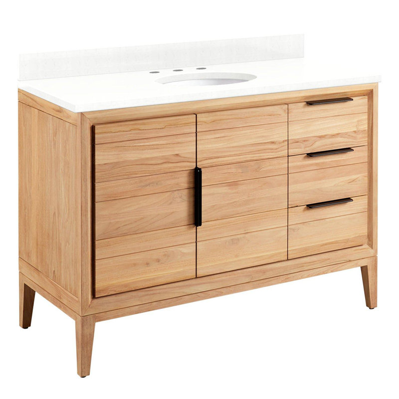 Ensemble de meuble-lavabo simple 48 po avec lavabo sous-comptoir ovale Aliso, Quartz blanc plume, Teck naturel, 8" Widespread