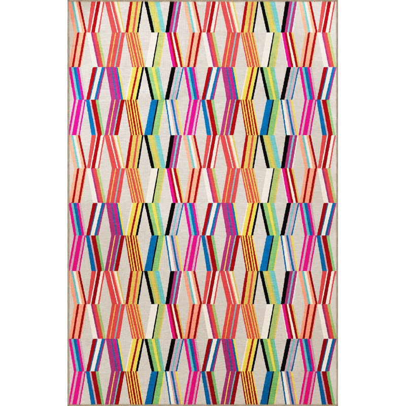 Tapis multicolore à motif géométrique et croix, Rectangle 4 pi 7 po x 6 pi 7 po