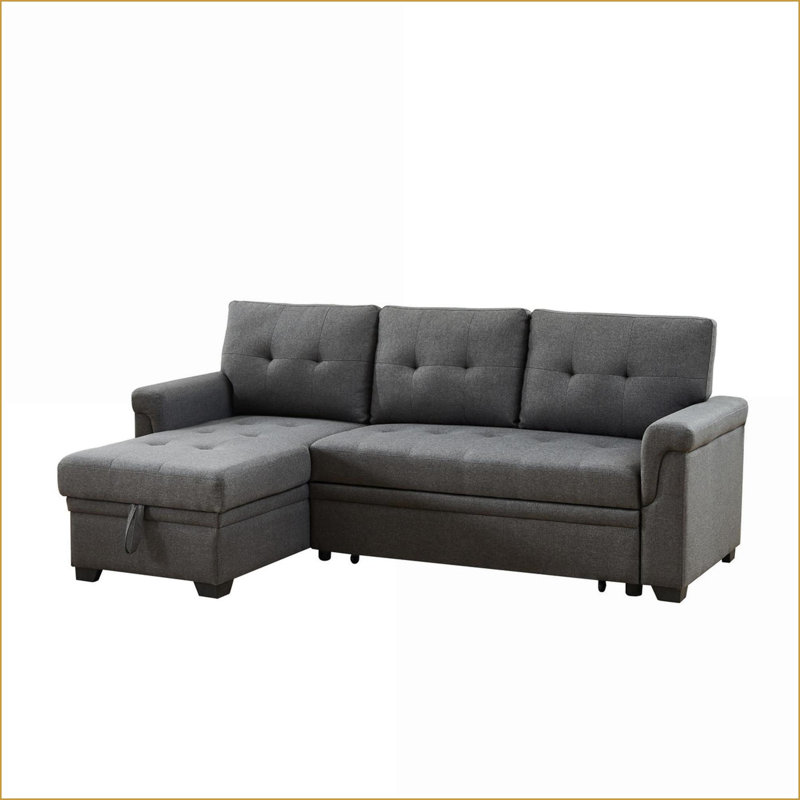 Sectional Sofas: 84'' Dark Gray Linen Reversible Sleeper with Storage Chaise | Dark Gray | Sleeper