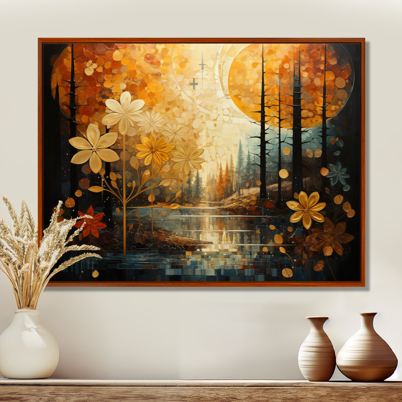 Collage rétro de la forêt d'automne, coucher de soleil sur la rivière - art mural rivière, Toile avec cadre flottant brun