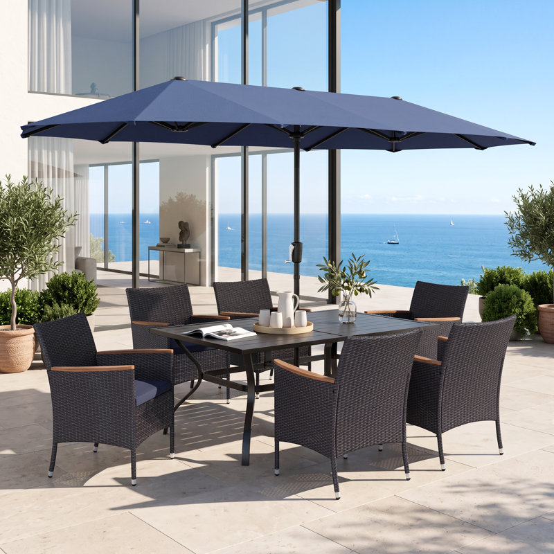 Leonard 6 - Person Acacia Patio Dining Set with Rectangular Table , Cushions Included