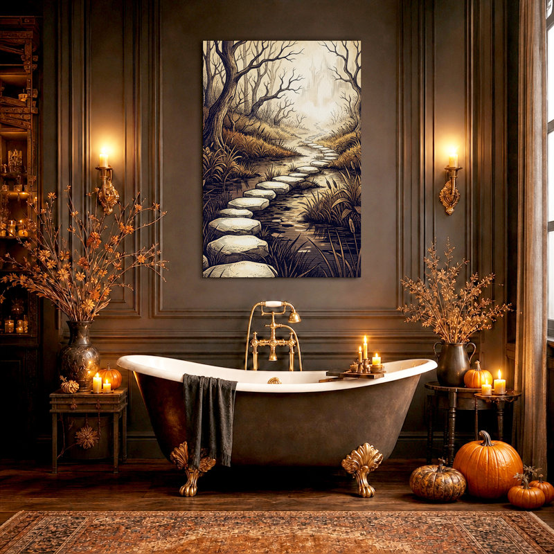 Toile murale d'Halloween représentant un chemin de dalles sépia à travers les bois, 30"H x 20"W