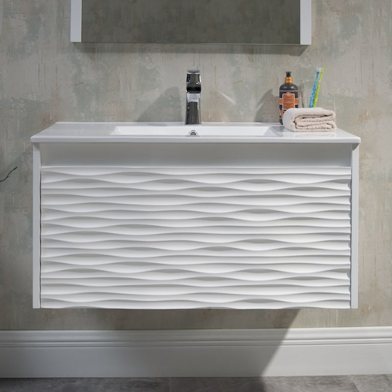 36'' Wall-Mounted Floating Bathroom Vanity in White – All-Wood Construction with Integrated Ceramic Sink, White