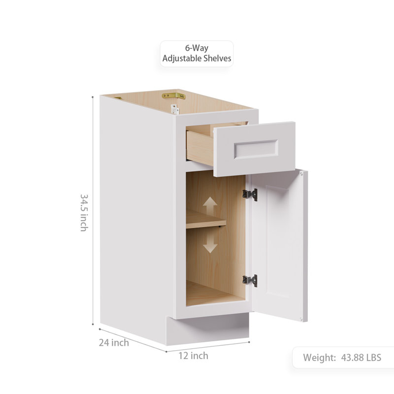 White Shaker Solid Wood Single Door Base Cabinet,for Kitchen, Laundry,and Bathroom Storage Adjustable Shelves Ready to Assemble (12" Wx34.5 Hx24 D)