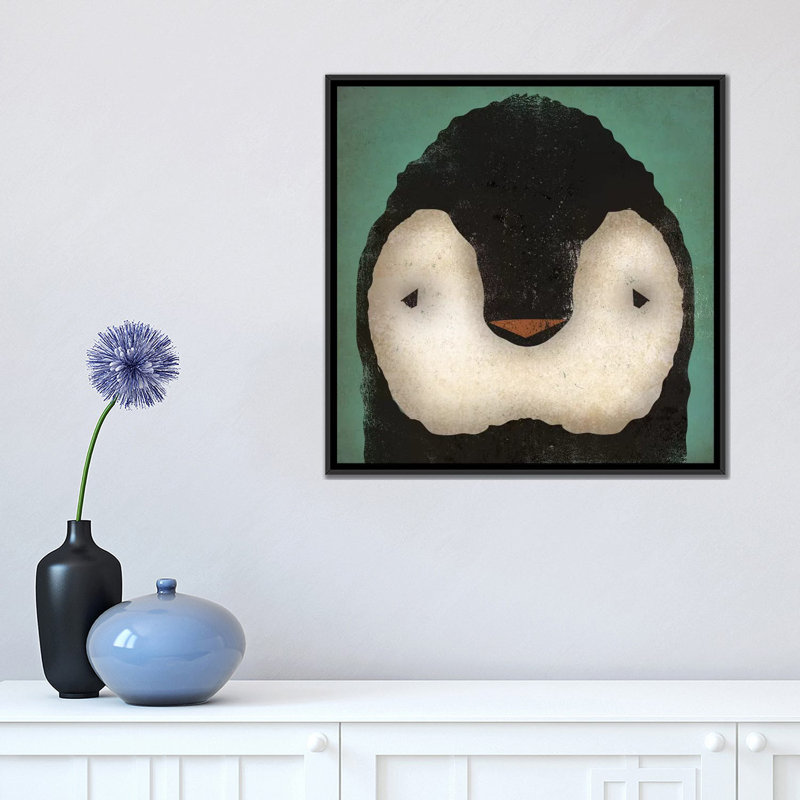 «Baby Penguin on Teal», art sur toile, H 18 po x l 18 po x P 1,5 po, Toile encadrée noire
