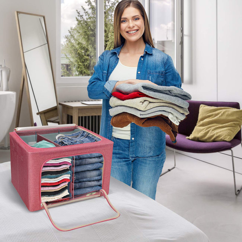 Large Storage Box Two-Compartment Foldable with Window & Handles - Single Piece, Pink