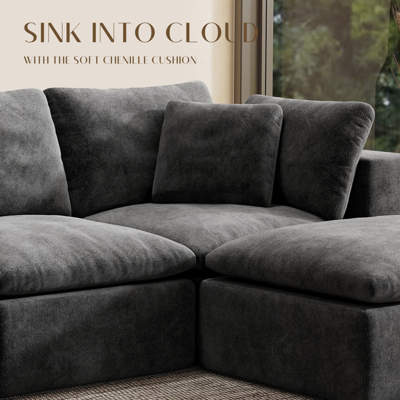 Kreyton Boneless 108" Cloud Compression Sectional Sofa, No-Assembly Sectional Couch, Gray Chenille