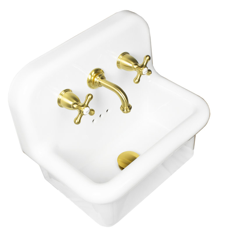 Nantucket Sinks 18-inch Fireclay Wallmount Bath Sink with Faucet, Drain and P-Trap Set, Brass/White