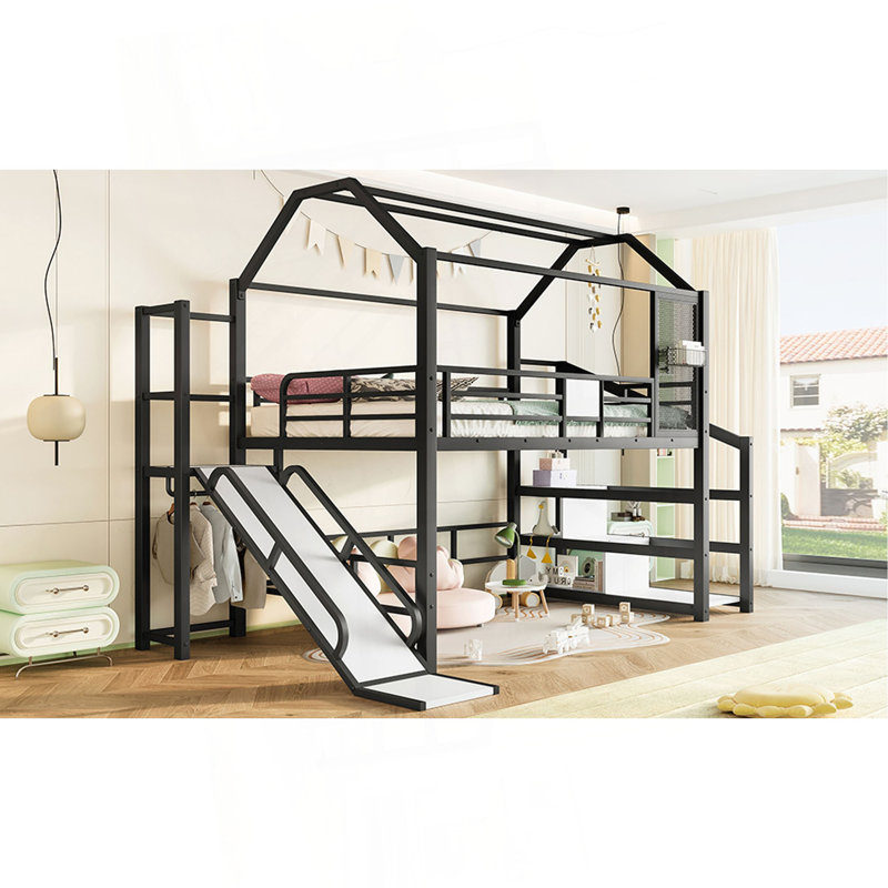 House Loft Bed With Slide And Stairs, Metal Playhouse Bed With Storage Shelves, House-Shaped Roof And Noise-Free Design, Full