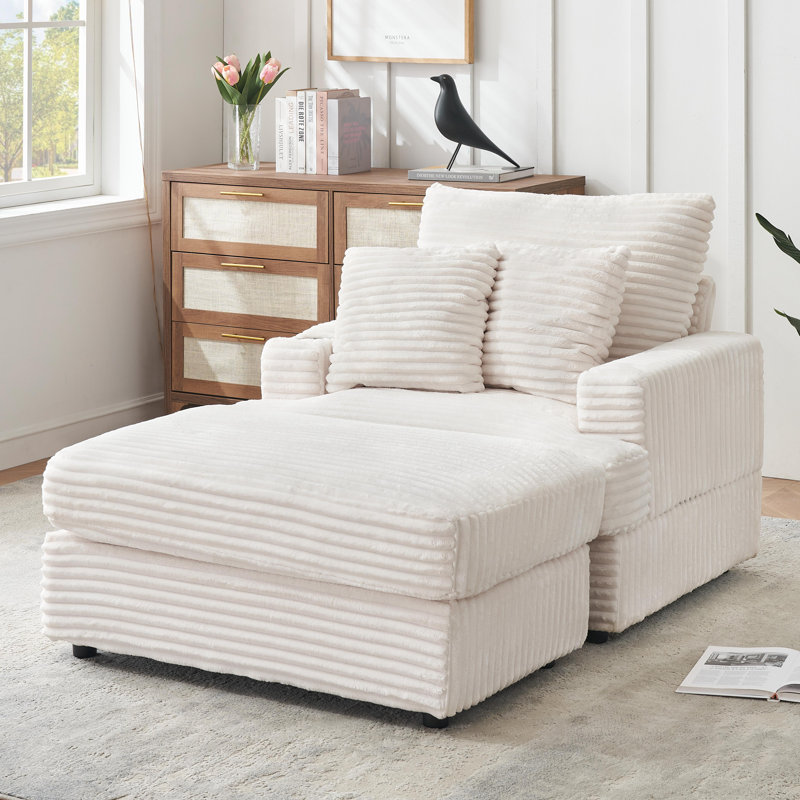 Chaise longue en velours côtelé de 39 po avec porte-gobelet en acier inoxydable et 2 coussins, Blanc