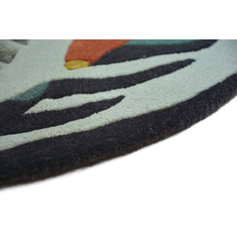 Hand Tufted Wool Area Rug in Teal/Orange/White/Yellow, Round 3'3"