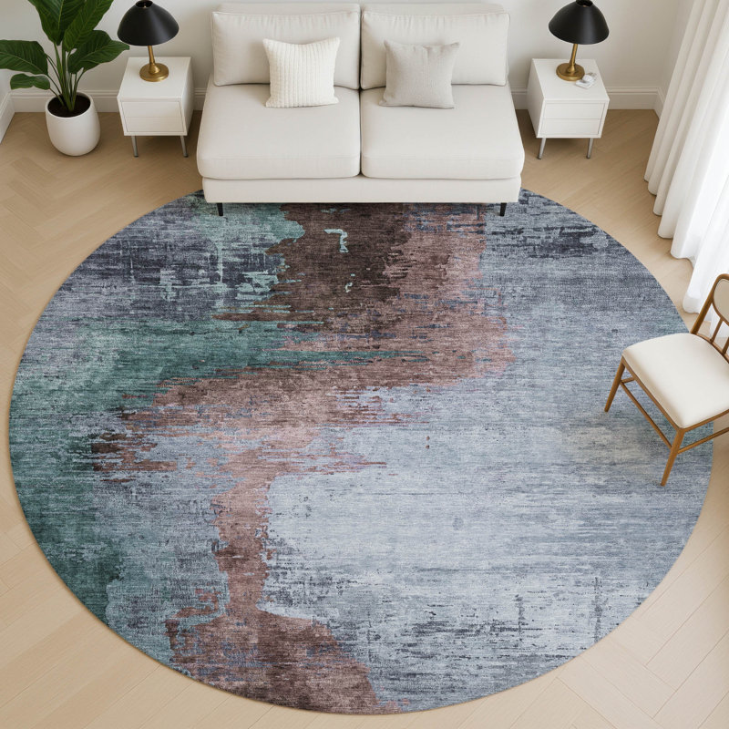 Premium Machine Washable Mayfield AMF2041 Abstract Rug, Blue, 8' Round