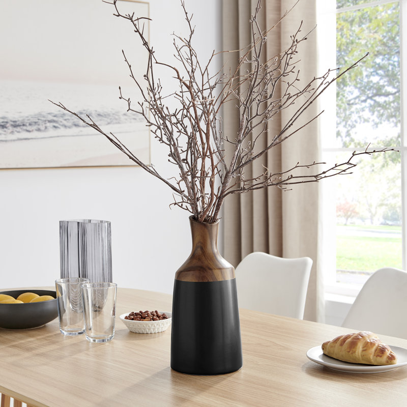 Masanari Carafe Modern Two Tone Tabletop Vase - Black And Walnut - Small, 12" H x 5.7" W x 5.7" D