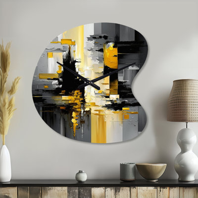 Abstrait géométrique noir et jaune - horloges géométriques asymétriques en métal, horloge murale de forme irrégulière noire