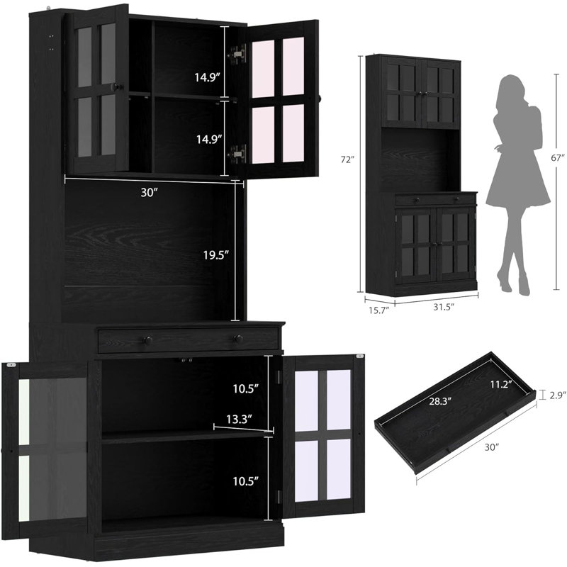 Armoire de cuisine 72 "noire avec portes en verre, tiroir et tablettes réglables - rangement pour bar à café, Black