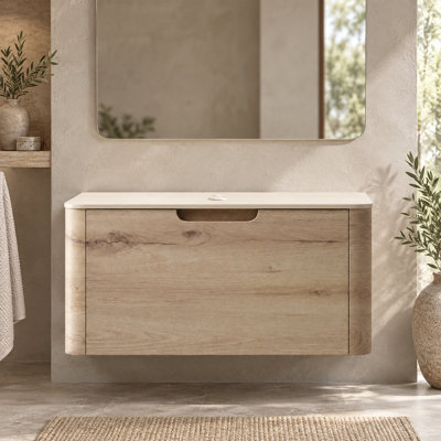 Armoires de salle de bain murales modernes avec 1 tiroir, meuble-lavabo en pierre frittée beige et armoire à grain de bois rétro, sans lavabo inclus