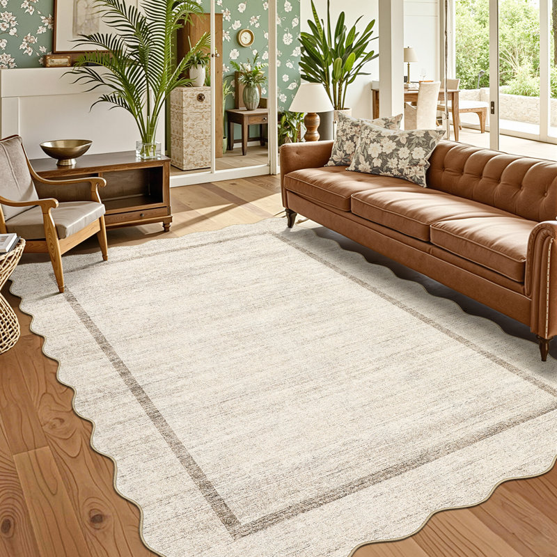 Scalloped Machine Washable Rug Non-Slip Bordered Floor Mats Non-Shedding Soft Low Pile Modern Accent Rugs for Living Room Bedroom Office
