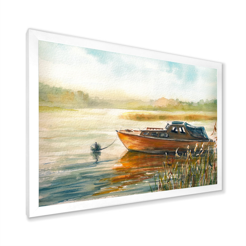Lonely Boat on the River Shore at Dawn - reproduction d'art sur toile, H 24 po x l 36 po x P 1 po