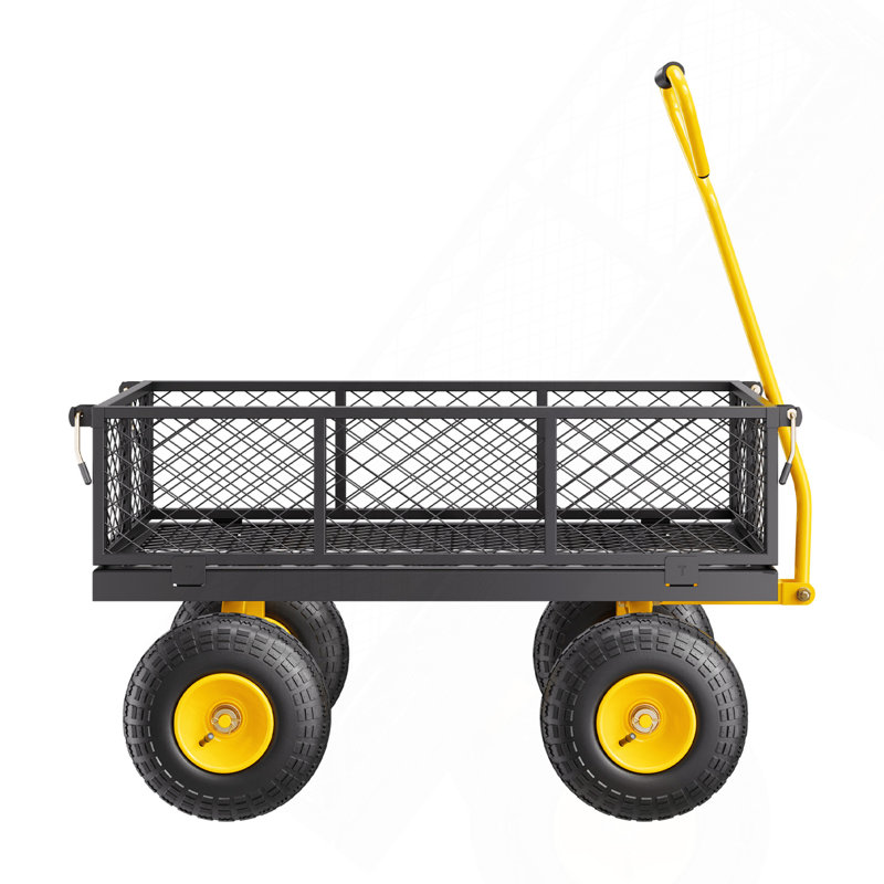 Chariot de jardin robuste en acier, capacité de 227 kg (500 lb), avec pneus tout-terrain de 25 cm (10 po), côtés en filet amovibles et poignée pivotante à 180°.