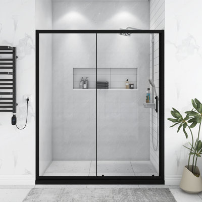 Porte de douche coulissante simple l 60 po x H 72 po, porte de douche en verre trempé transparent épais de 1/5 po avec poignée en acier inoxydable, noir mat