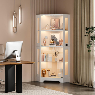 Wooden Corner Glass Display Cabinet with LED Lights & Motion Sensor, 90-Degree Curio Case with Adjustable Tempered Shelves