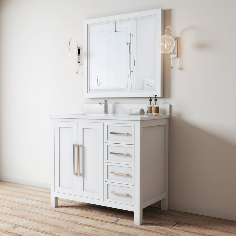 Merelus 36'' Single Bathroom Vanity with Quartz Top, Dark Gray, Dark Gray, Polished Chrome