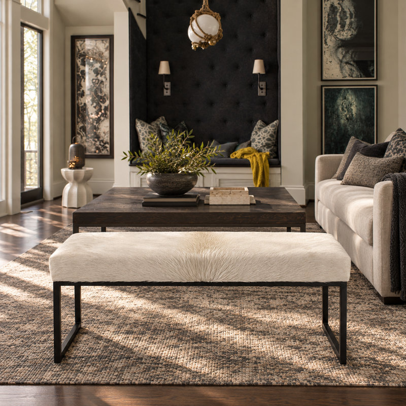 Upholstered Cowhide Bench, 19" H x 60" W x 16" D