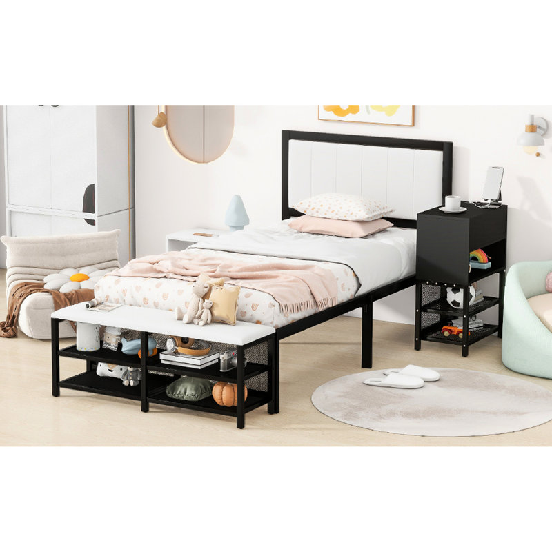 Lit plateforme simple en métal avec tablettes et armoire en bois de renom, digne de rangement noir, Lit simple, Noir