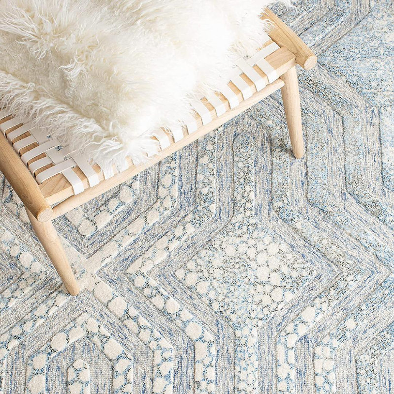 Restoration Vintage Hand Tufted Wool/Viscose Pile Geometric Rug in Blue/White, Rectangle 8' x 10'