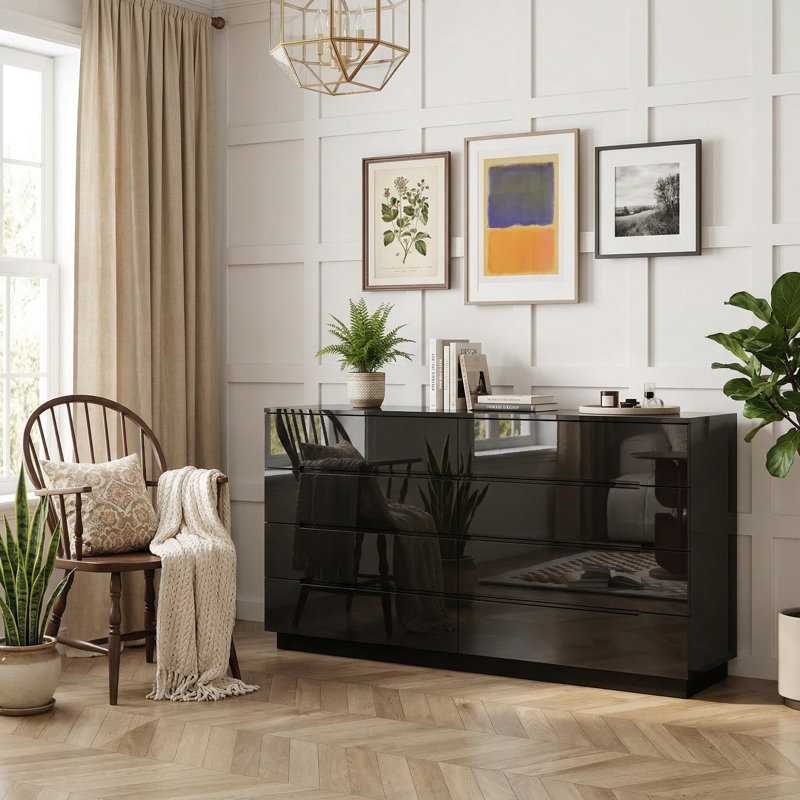 63" Wide High Gloss Surface Dresser With 8 Drawers, Black