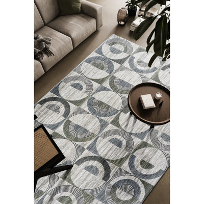 Tapis en polyester vert, bleu, gris anthracite, ivoire et gris Aubrey