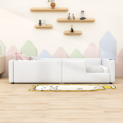 Wood Twin Upholstered Platform Bed with Guardrail and Charging Station