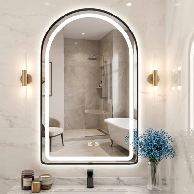 Miroir de salle de bain à DEL avant et rétroéclairé avec lumières, miroir de meuble-lavabo mural anti-buée, miroir à DEL encadré avec anti-buée, fonction de mémoire, température de 3 couleurs, à intensité variable