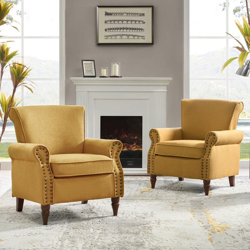 Fauteuil rembourré avec pieds en bois massif Mooresville, Polyester moutarde