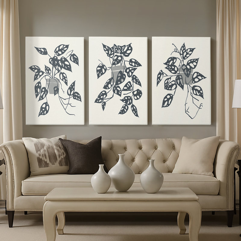 Growing Leaves I - Toile tendue avec châssis sur mesure - 3 pièces, H 12 po x l 24 po