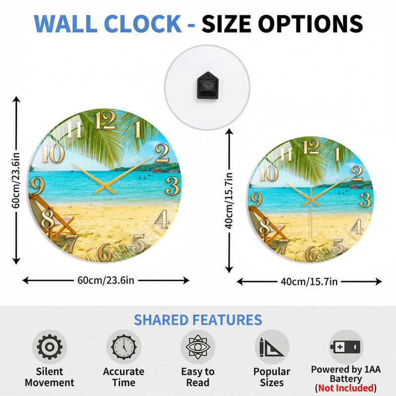 Horloge murale de plage décorative moderne 23,6 po, 60x60cm(23.6x23.6inch)