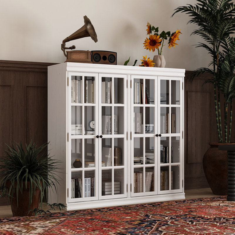 Bibliothèque blanche de 47,2 po de largeur avec portes en verre trempé et tablettes fixes - Armoire de rangement moderne