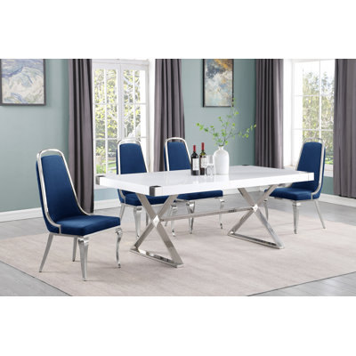 White Wood Dining Set with Velvet Side Chairs (5 or 7 piece)