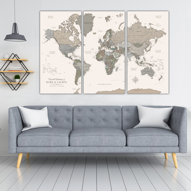 Carte du monde personnalisée à 3 épingles de terre discrète et discrète, H 48 po x l 94 po, Oui
