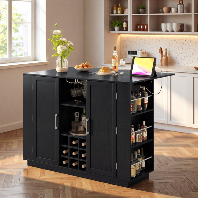 Multifunctional Kitchen Island With Foldable Top, Power Outlet, Wine Rack, Stemware Holder, Open Side Shelves And Adjustable Shelves