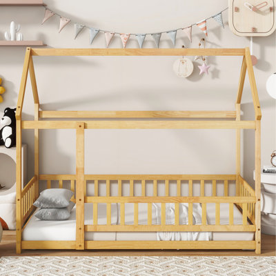 Lit en bois pour lit simple avec structure de toit, garde-corps de sécurité, naturel