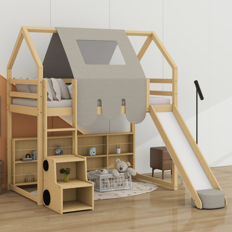 Wooden Loft Bed House-Shaped Frame With A Tent, Natural/Beige, Twin