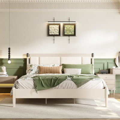 Très grand lit en bois massif, tête de lit à finition grise avec poignées en métal, capacité de 600 lb, dimensions optimales, bois facile à assembler et support, sans sommier, environnement de sommeil confortable