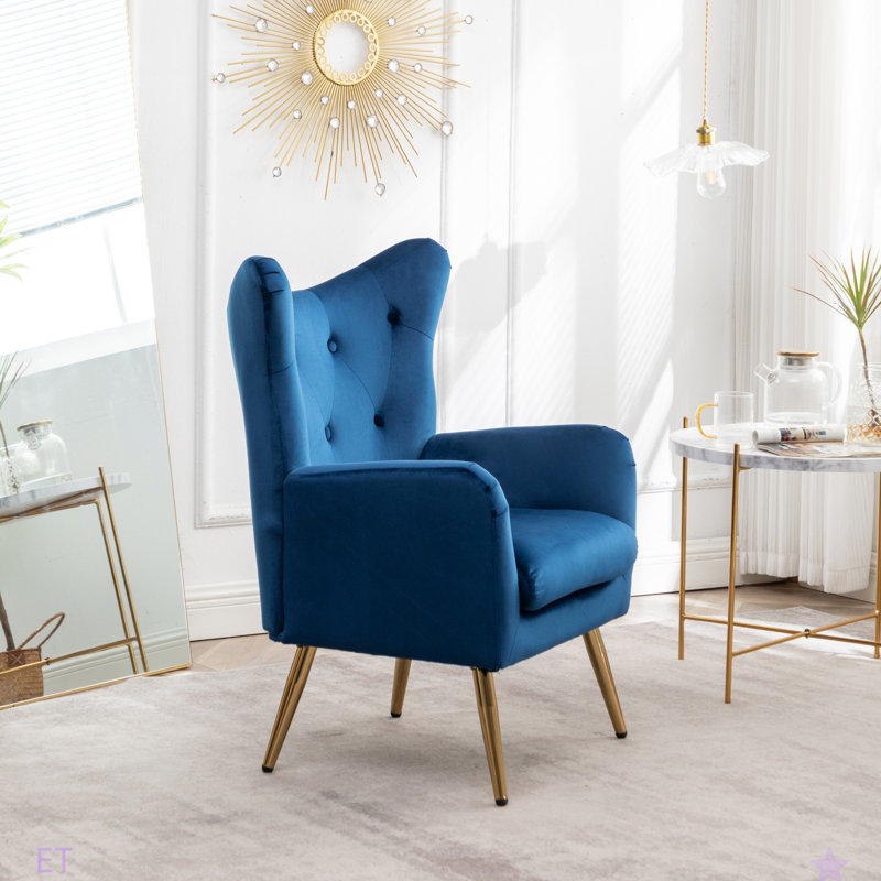 Fauteuil d'appoint à dossier capitonné en velours Sovarol, Velours bleu